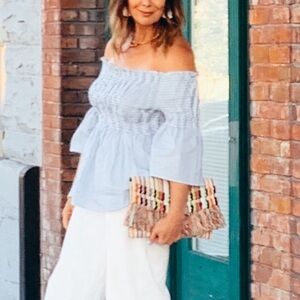 🛍️Zara Blue/White Stripe Off Shoulder Smocked Coquette‎ 3/4 sleeve blouse top L